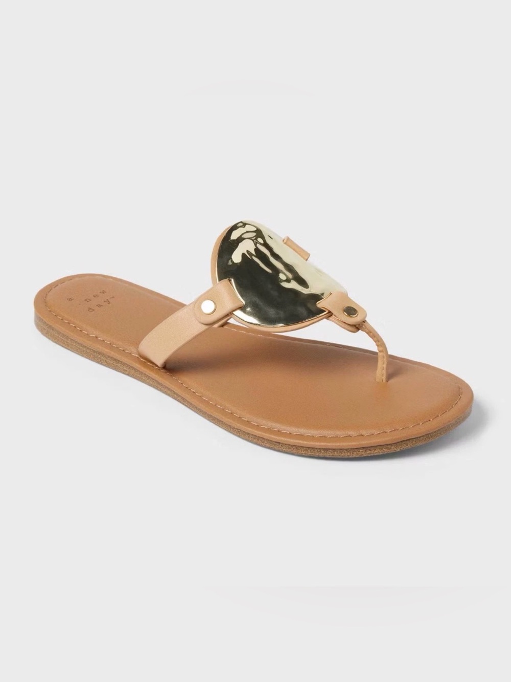 💜a . new day Layla Gold Ornament Thong Sandals Tan Flat Women's Size:8.5
